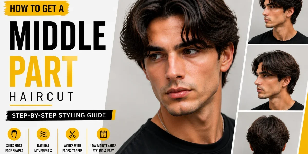 How to Get a Middle Part Haircut? Step-by-Step Guide Modern middle part haircut for men with curtain hairstyle and natural volume