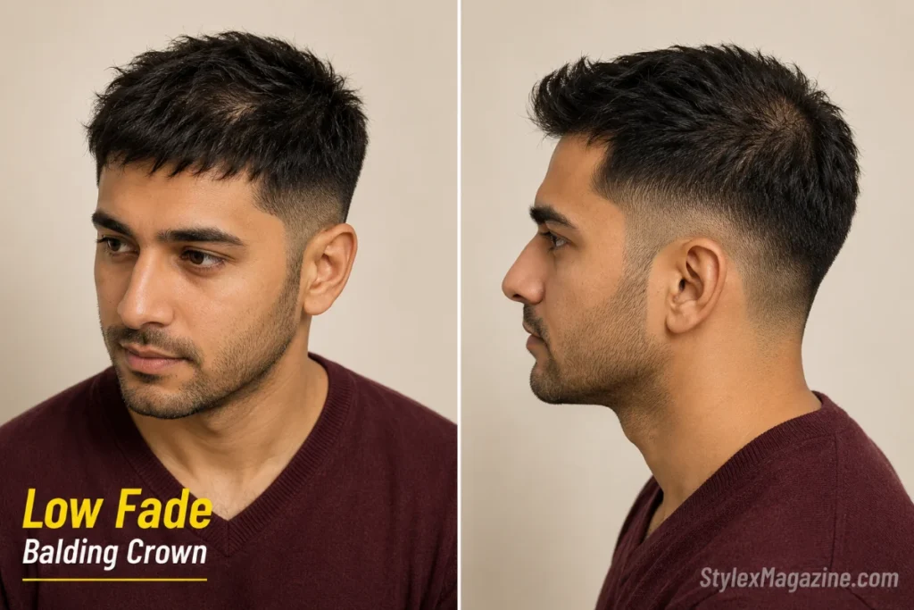 Low fade with textured top on a balding man showing the fade starting above the ear with crown coverage