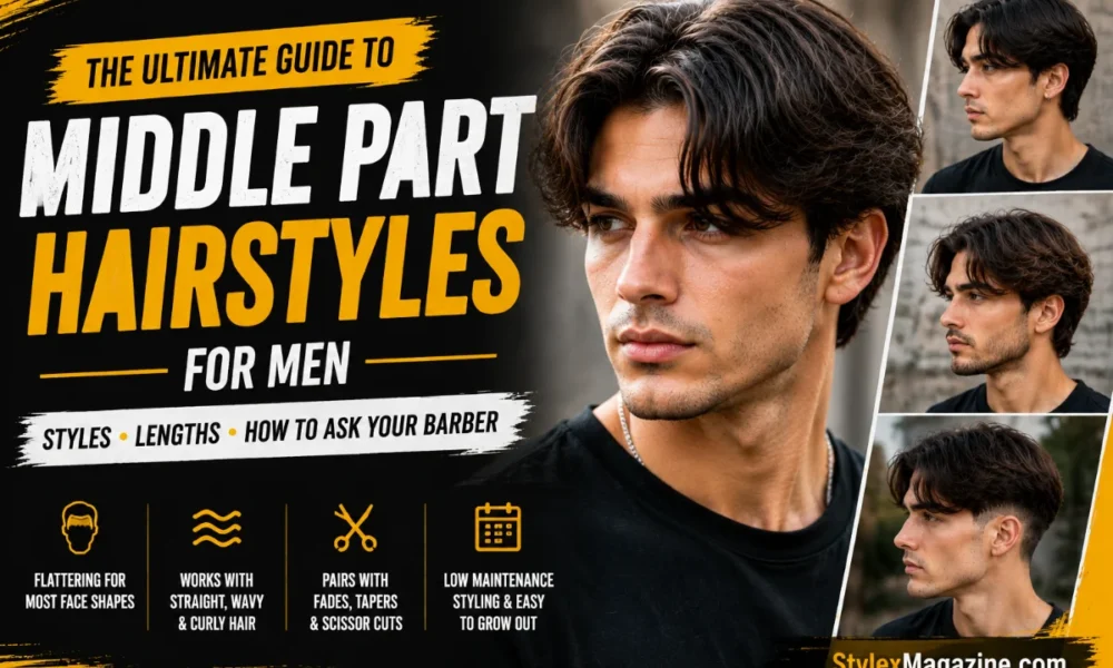 Middle Part Hairstyles for Men featured image showing a modern middle part haircut on a male model with multiple hairstyle variations in a StylexMagazine editorial layout.