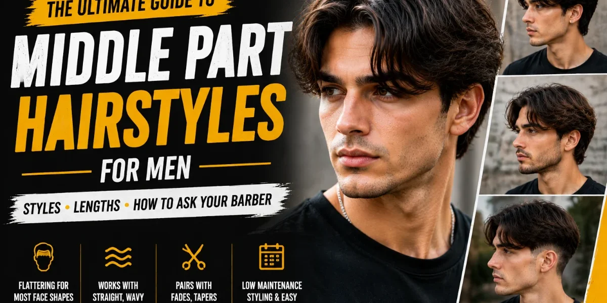 18 Best Middle Part Hairstyles for Men (2026) Middle Part Hairstyles for Men featured image showing a modern middle part haircut on a male model with multiple hairstyle variations in a StylexMagazine editorial layout.