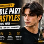 Middle Part Hairstyles for Men featured image showing a modern middle part haircut on a male model with multiple hairstyle variations in a StylexMagazine editorial layout.