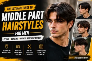 18 Best Middle Part Hairstyles for Men (2026) Middle Part Hairstyles for Men featured image showing a modern middle part haircut on a male model with multiple hairstyle variations in a StylexMagazine editorial layout.