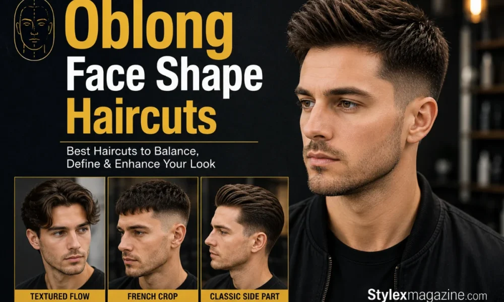 Oblong face shape haircuts featuring textured flow, French crop, and classic side part hairstyles for men