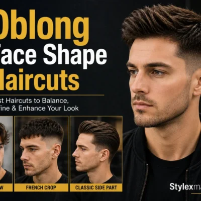 Oblong face shape haircuts featuring textured flow, French crop, and classic side part hairstyles for men