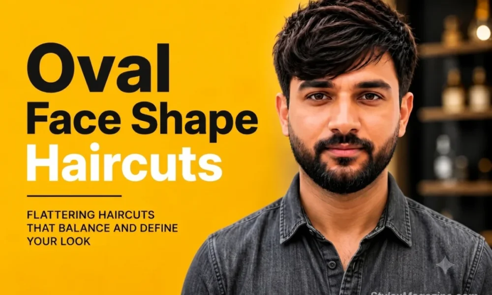 Man with an oval face shape wearing a textured side-swept haircut, demonstrating a flattering hairstyle for oval face shapes.