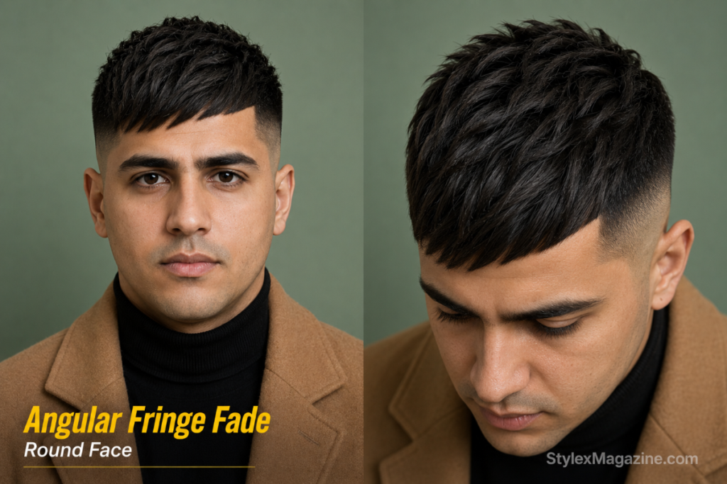 Angular fringe with fade on round face showing diagonal cut fringe breaking circular outline
Caption: Angular Fringe with Fade