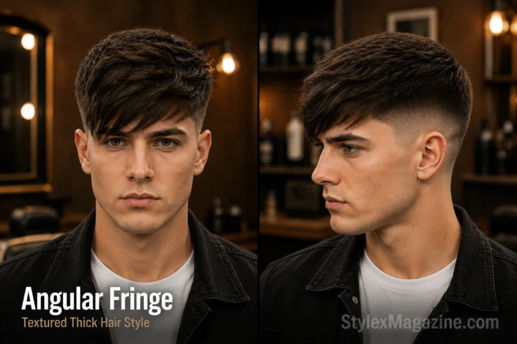 Angular fringe haircut with textured side swept hair for thick straight hair men