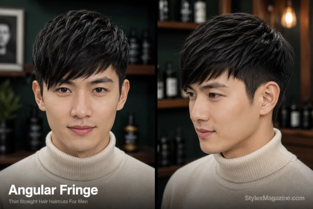 Man with thin straight hair styled as an angular fringe sweeping diagonally across the forehead.