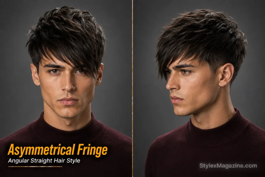 Asymmetrical fringe hairstyle for men with straight hair featuring diagonal fringe and textured top.