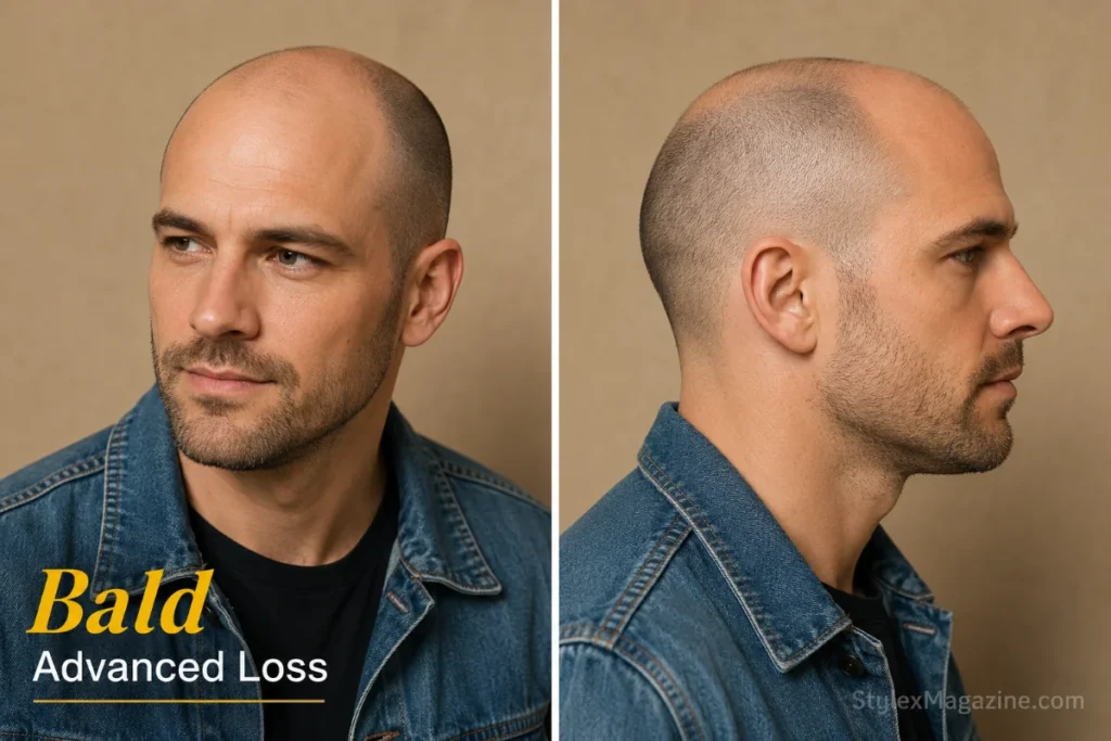 Close-cropped bald head with designer stubble on a man with advanced balding