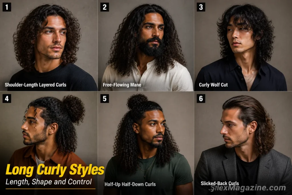 Six-panel collage showing long curly hairstyles for men including shoulder-length curls, free-flowing mane, curly wolf cut, man bun, half-up half-down and slicked-back curls.