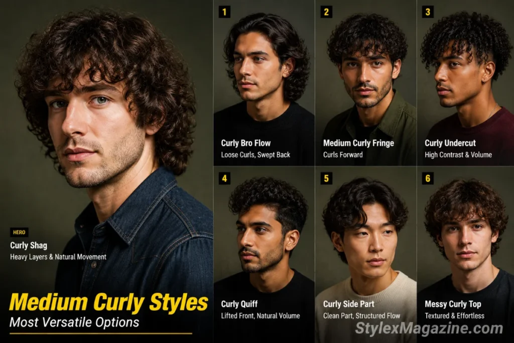 Collage showing medium-length curly hairstyles for men including shag, bro flow, fringe, undercut, quiff, side part and messy curly top.