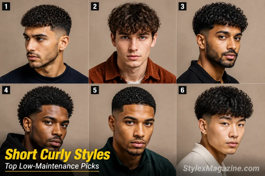 Six-panel collage showing short curly hairstyles for men including textured crop, curly fringe, low fade curls, short afro, curly buzz cut and broccoli cut.
