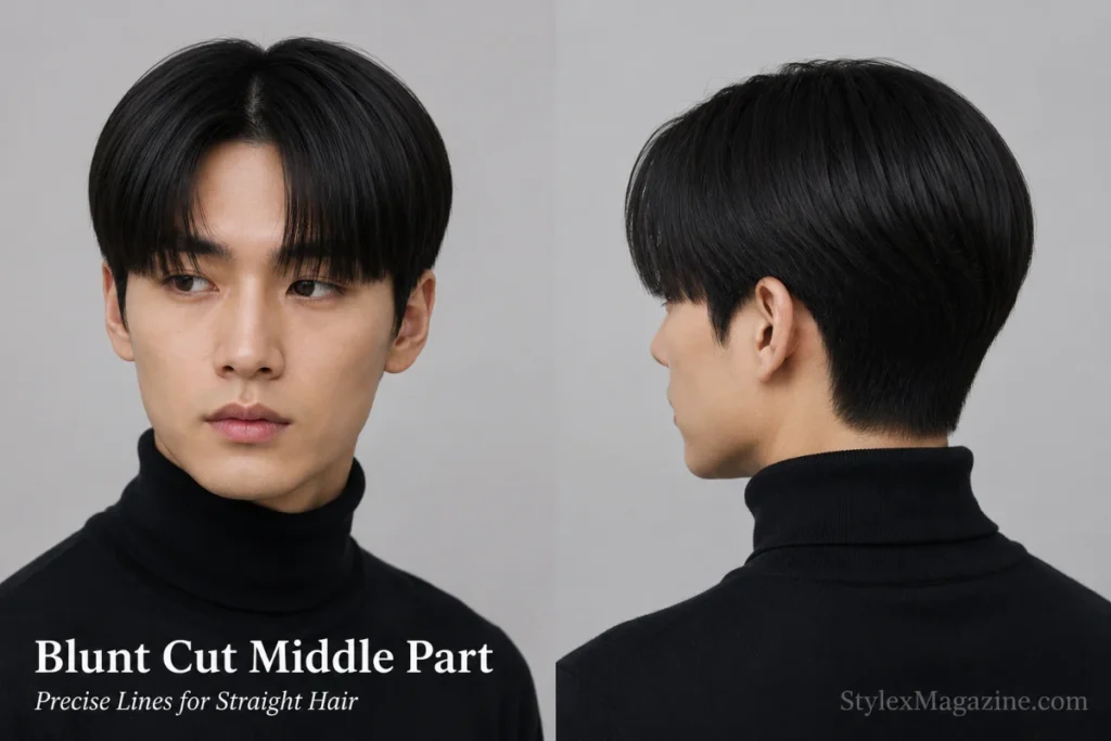 Man with thick straight hair styled in a precise blunt middle part with uniform fringe ends.