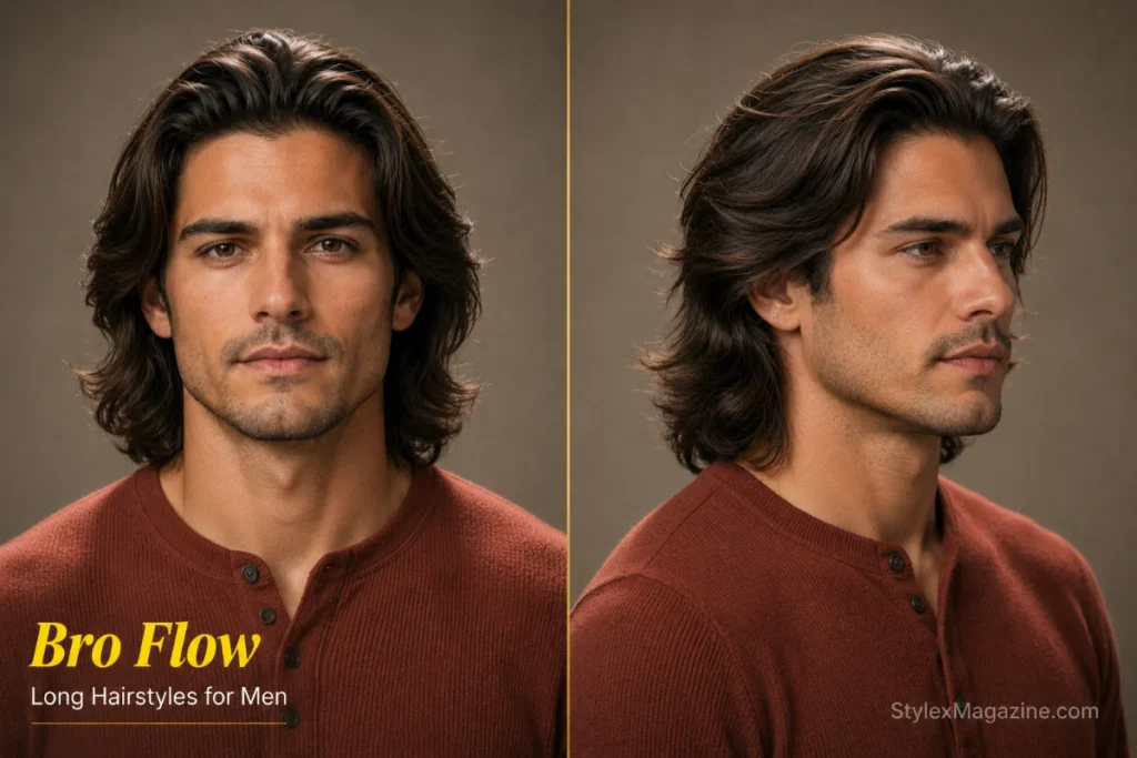 Bro flow hairstyle for men featuring collar-length naturally swept-back hair with relaxed movement.