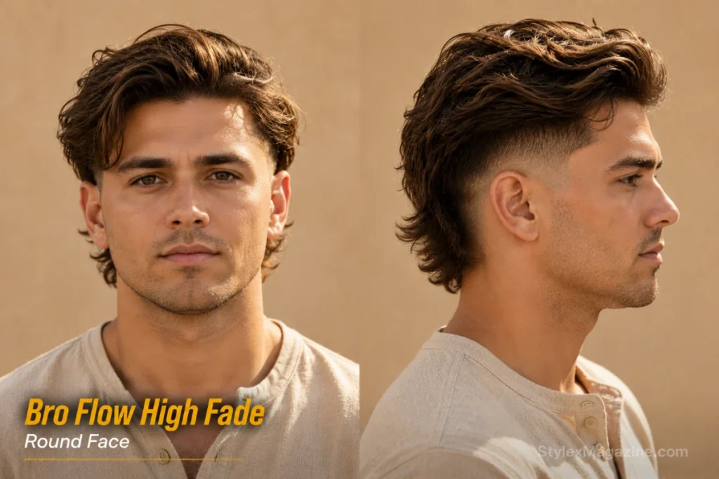 Bro flow with high fade on round face showing natural wavy medium length with tight sides