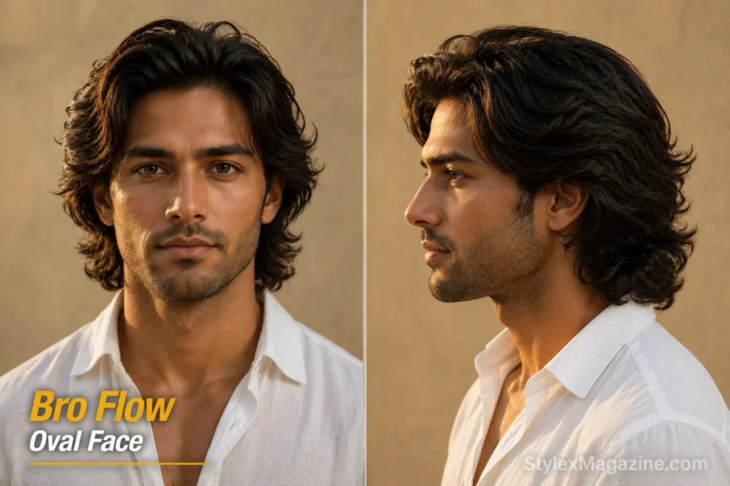 Bro flow on oval face showing medium-long natural wave texture with gradual taper framing cheekbones