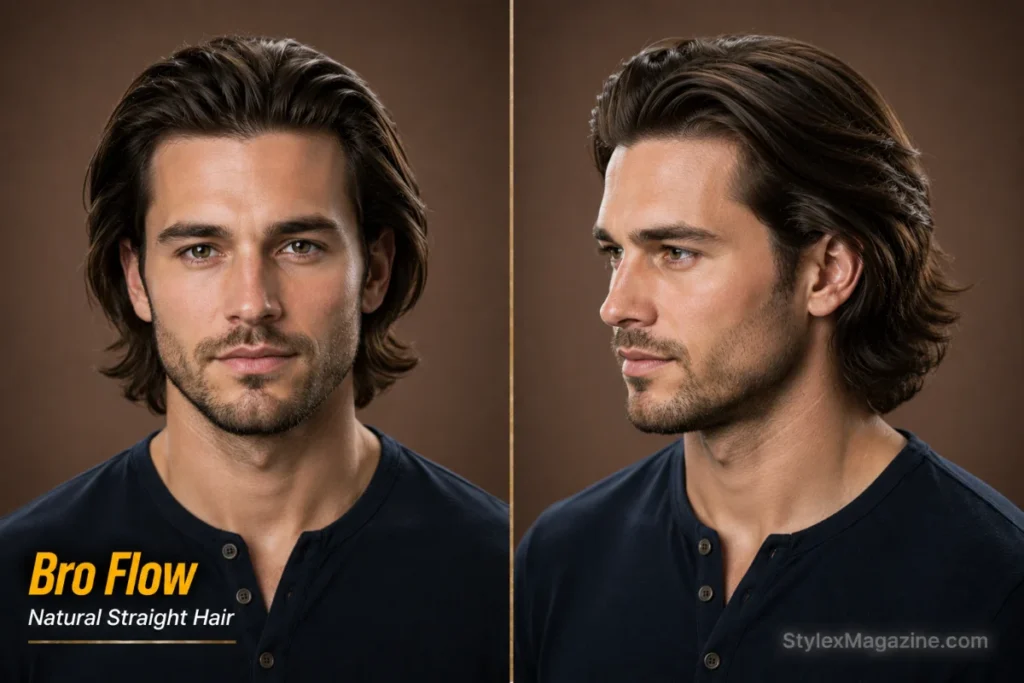 Bro flow hairstyle for men with straight hair featuring medium-long layered natural movement.