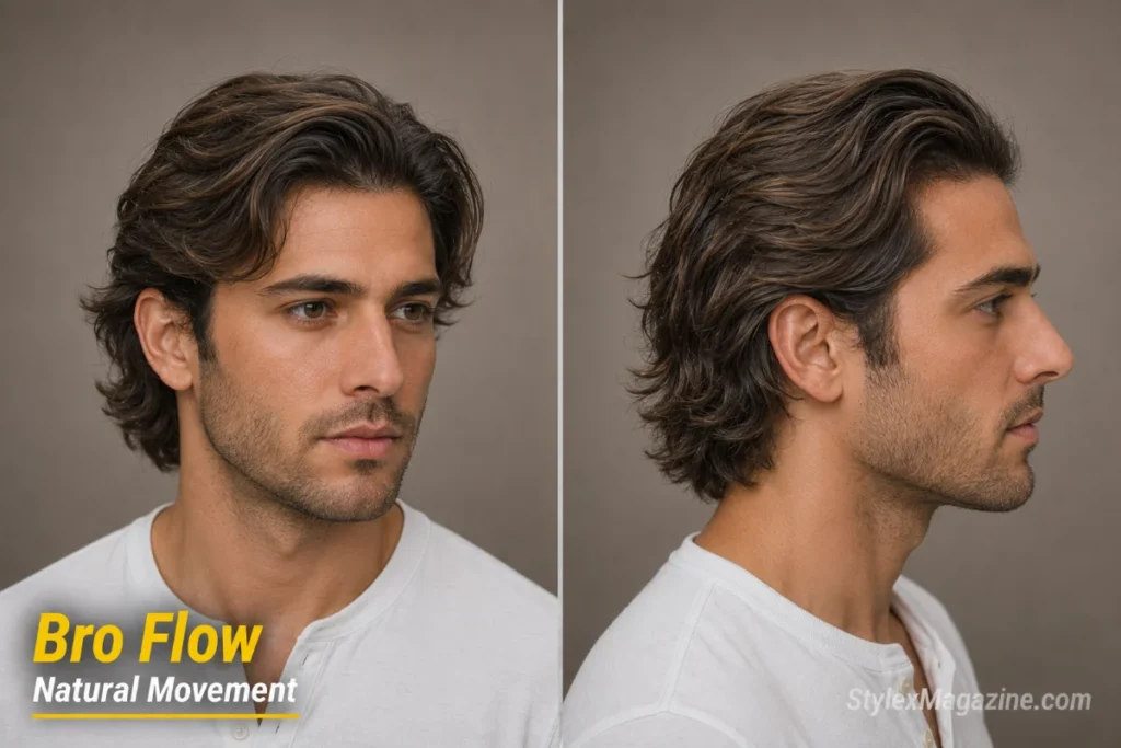 Bro flow hairstyle on a man with thinning hair showing medium length with natural bend and movement