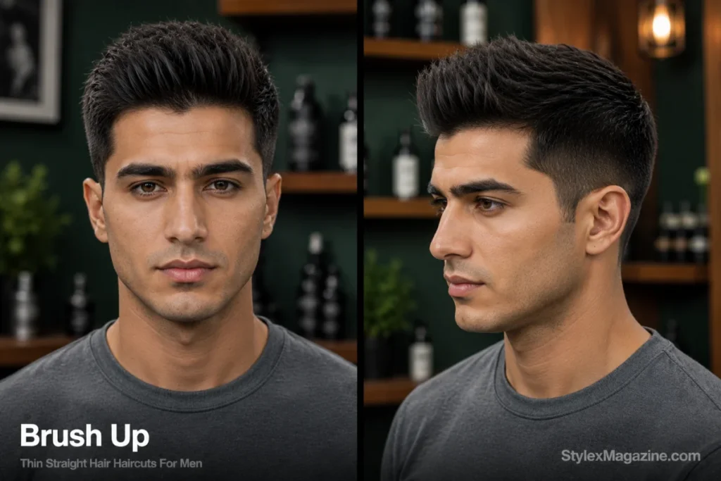 Man with thin straight hair styled as a brush up with the top brushed upward for natural height.