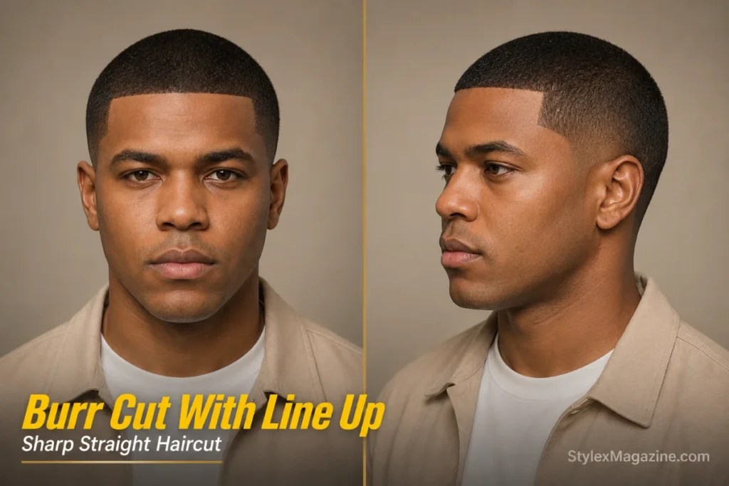 Burr cut with sharp line up for men with straight hair.
