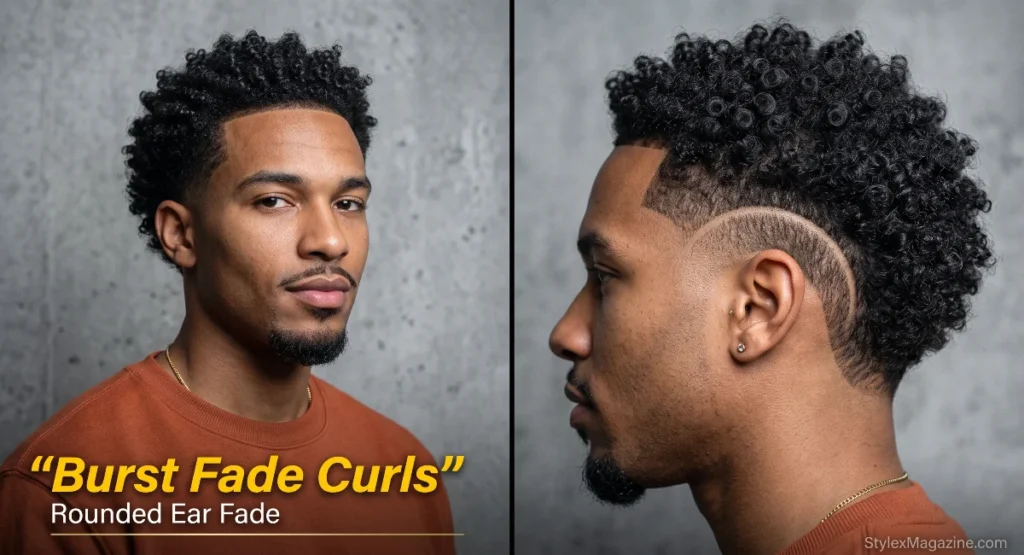 Man with short curls and a burst fade forming a curved semicircle around the ear
