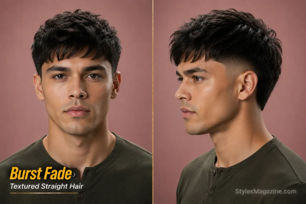 Burst fade with textured top haircut for men with straight hair and modern styling.