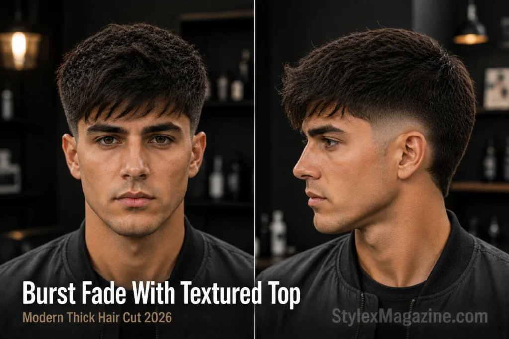 Burst fade haircut with textured top for men with thick straight hair
