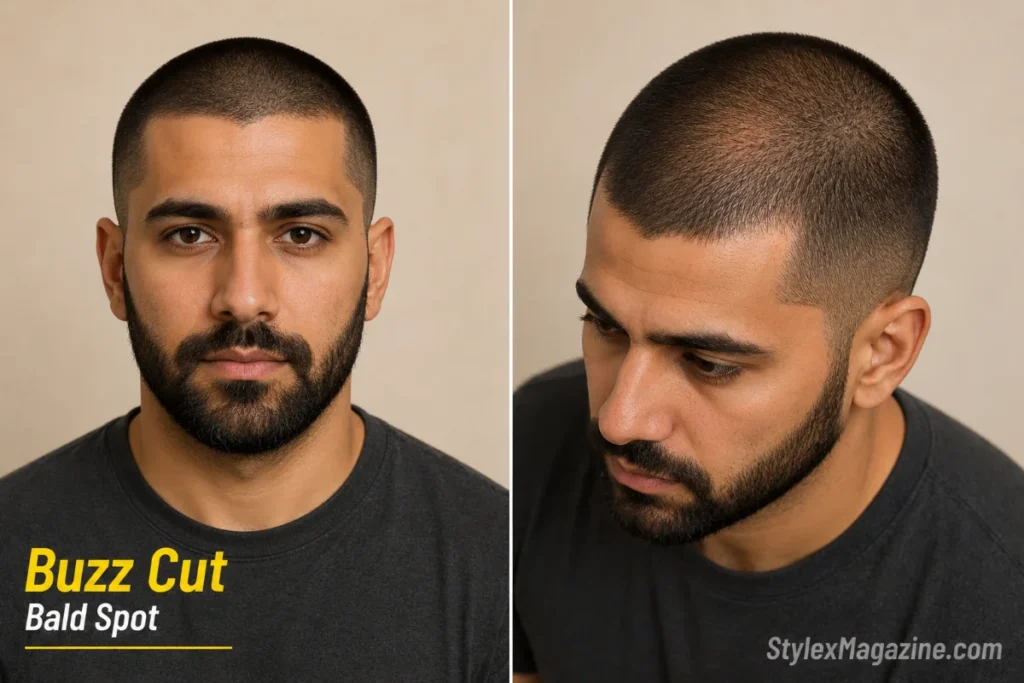Buzz cut on a balding man with a bald spot on top showing uniform clipper length absorbing the patch