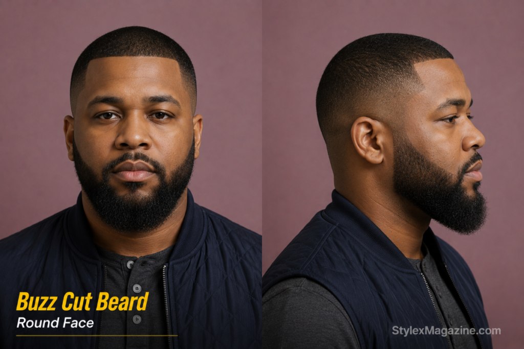 Buzz cut with beard on round face showing grade 2 cut with chin-length beard adding jaw definition
Caption: Buzz Cut with Beard
