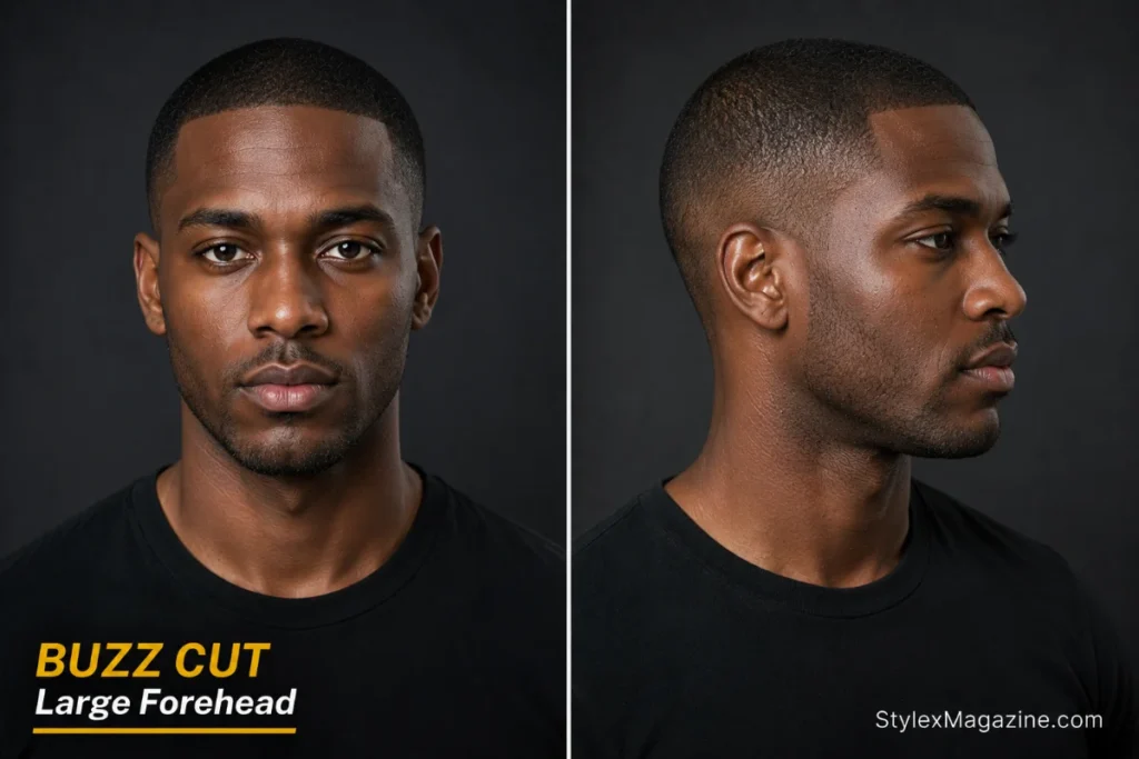 Buzz cut haircut embracing a large forehead, front and side view