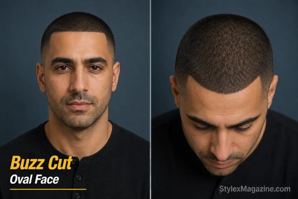 Buzz cut on oval face showing grade 2 uniform length with crisp lineup and full bone structure visible
