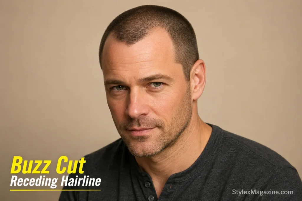 Buzz cut on receding hairline showing grade 2 uniform length closing the gap between thick and thin areas