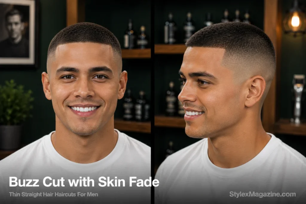 Man with thin straight hair styled as a buzz cut with a skin fade going completely bald at the temples.