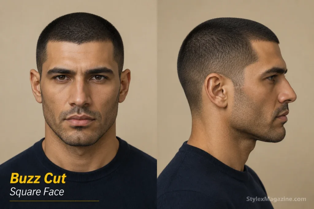 Buzz cut on square face showing grade 2 uniform cut with angular jaw fully on display