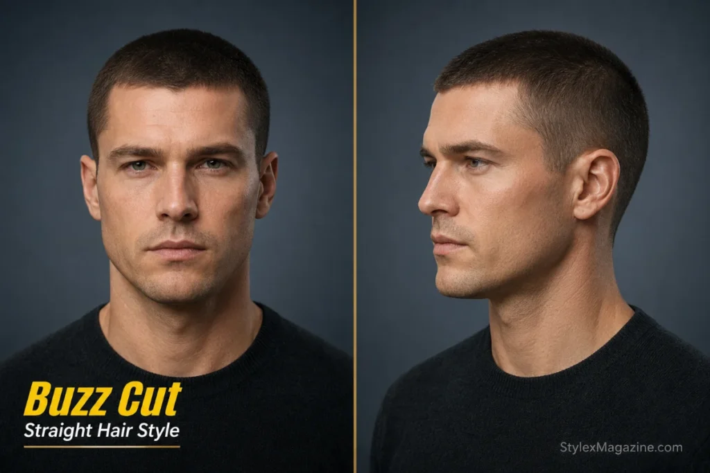 Buzz cut hairstyle for men with straight hair featuring an even clipper cut and clean masculine shape.