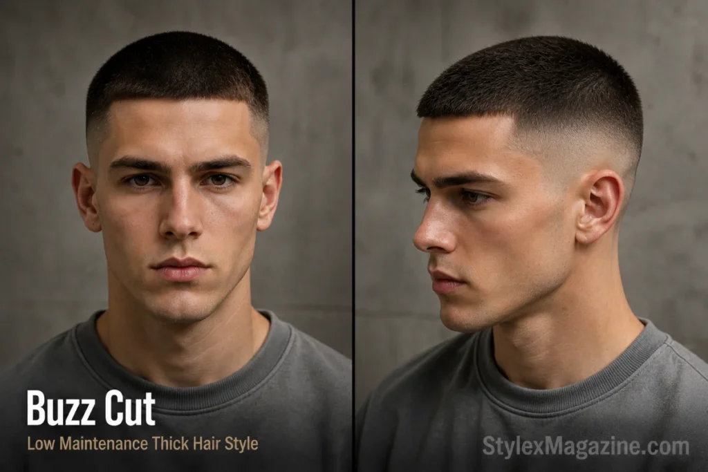 Short buzz cut hairstyle for men with thick straight hair and fade sides