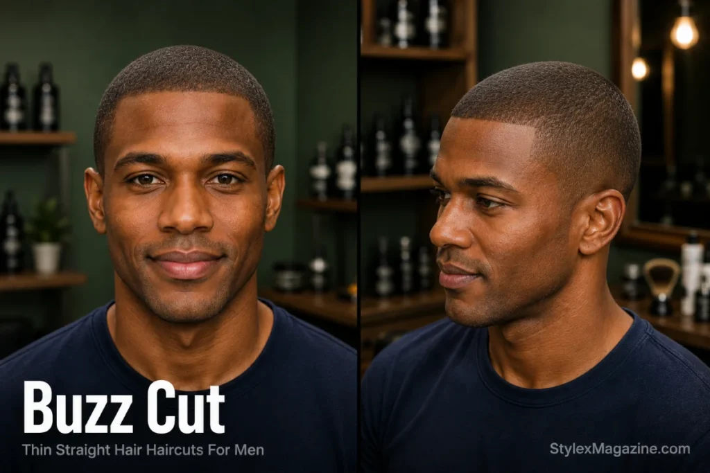 Man with thin straight hair wearing a uniform buzz cut with even scalp coverage in a premium modern barbershop.