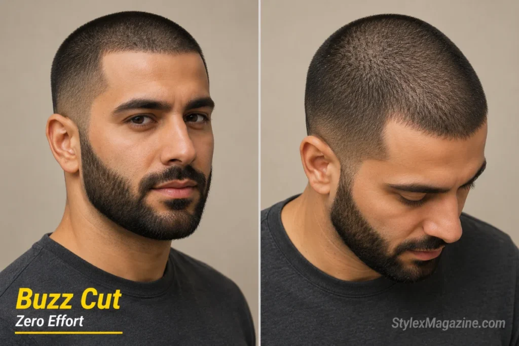 Buzz cut on a man with thinning hair showing even clipper length across the entire head