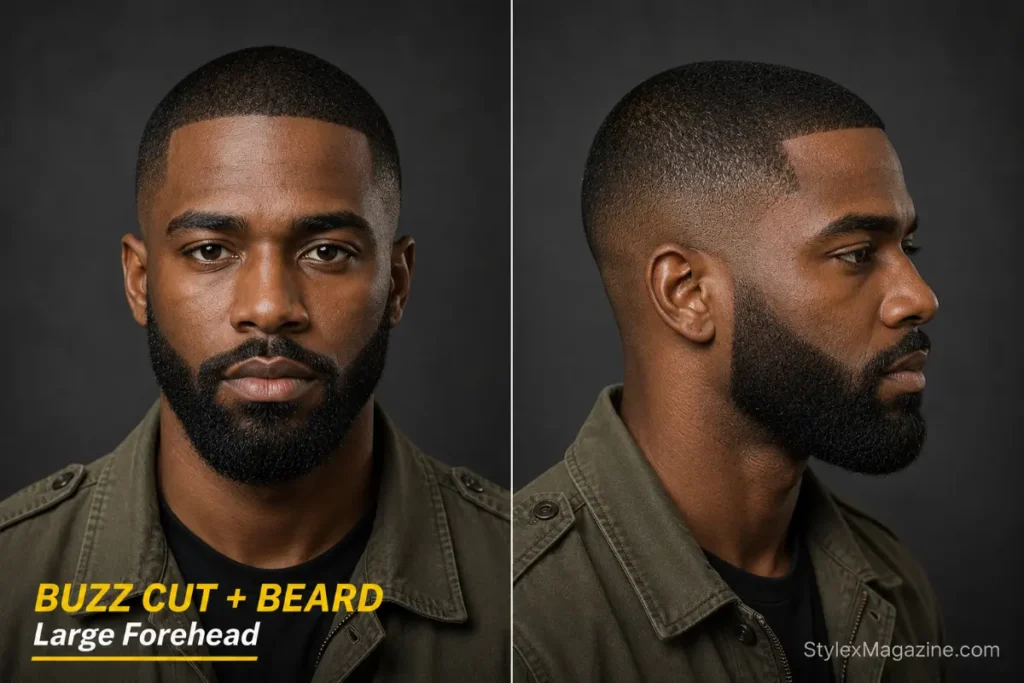 Buzz cut with beard for men with a large forehead, front and side view
