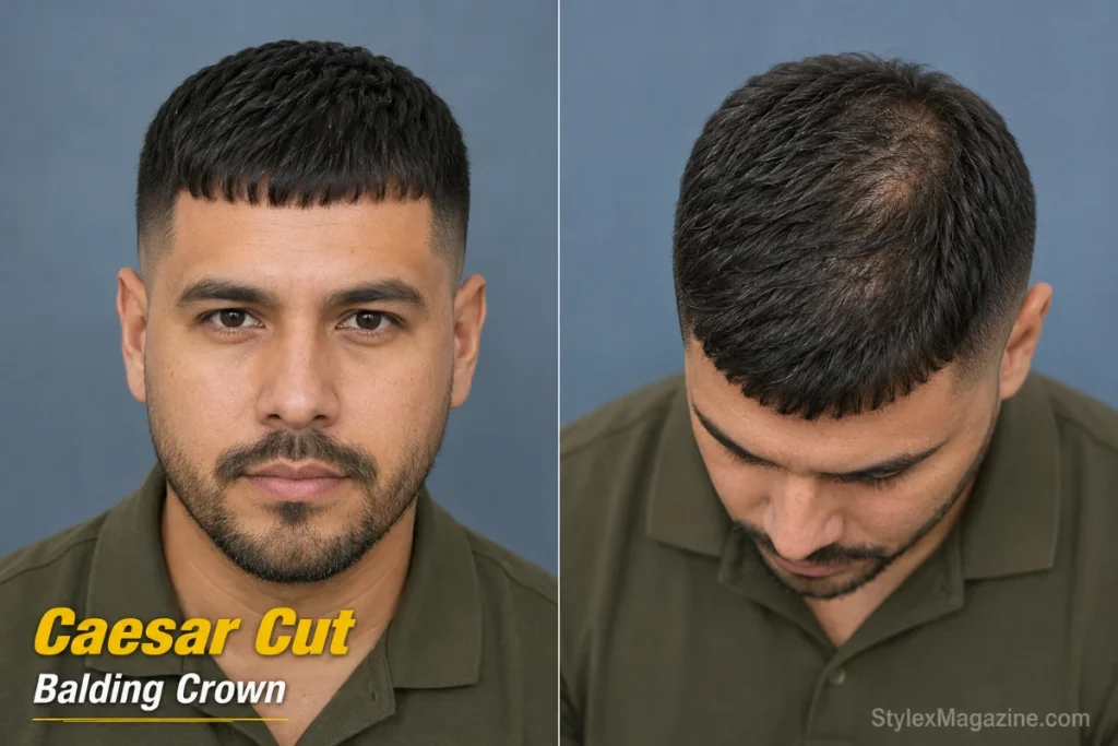 Caesar cut with blunt forward fringe on a balding man with crown hair loss and low fade sides
