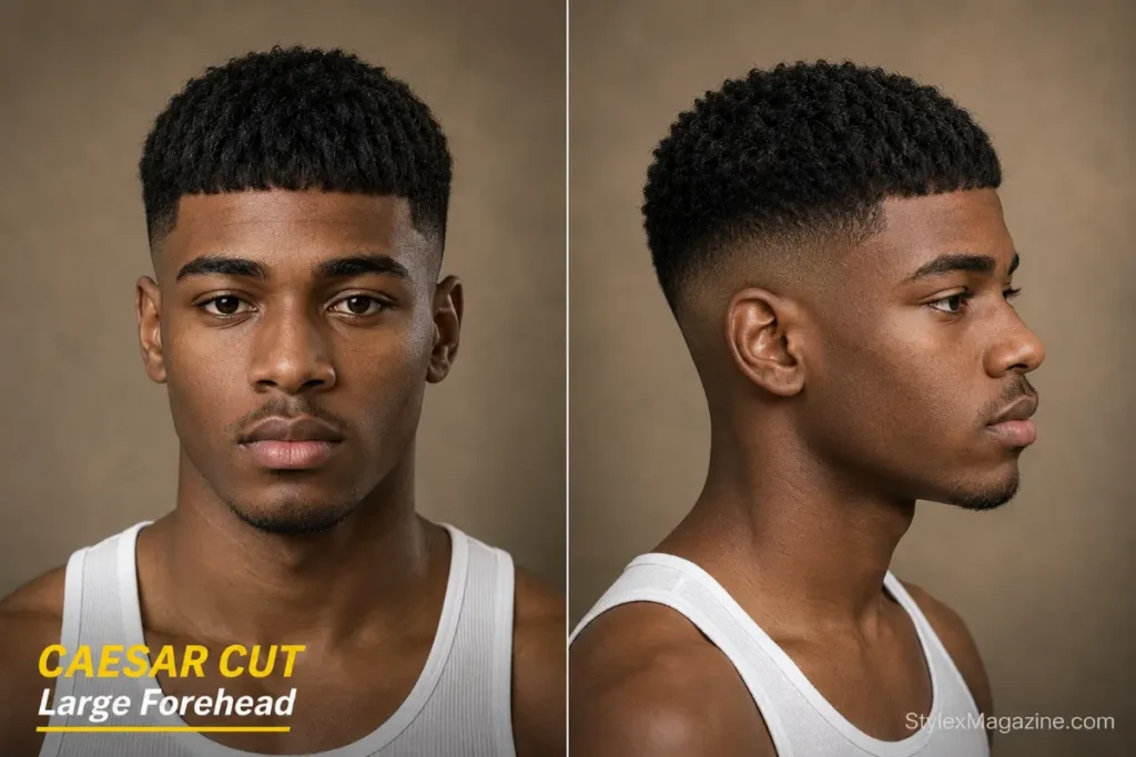 Caesar cut hairstyle for men with a large forehead, front and side view