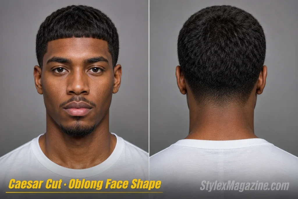 Caesar cut on a man with oblong face shape, horizontal fringe at eyebrow level, short even length all over