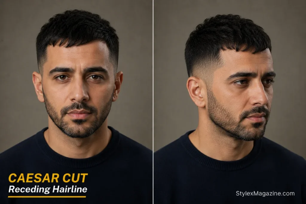 Caesar cut haircut for men with a receding hairline, front and side view