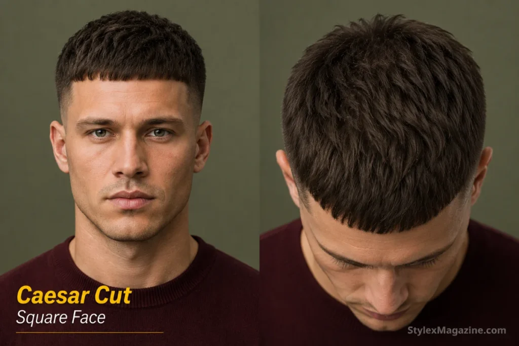 Caesar cut on square face showing textured horizontal fringe mirroring angular jaw edges