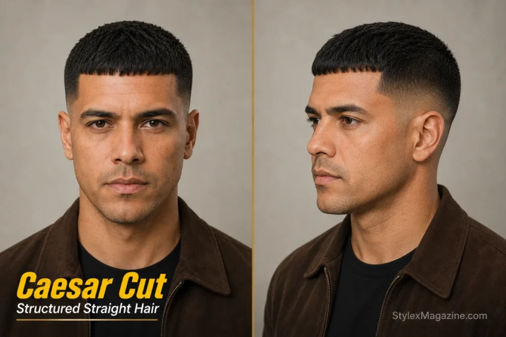 Classic Caesar haircut for men with straight hair featuring a blunt fringe.