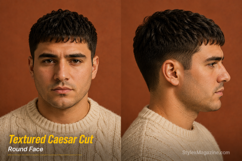 Textured Caesar cut on round face showing broken choppy fringe with low taper sides
Caption: Caesar Cut (Textured Version)