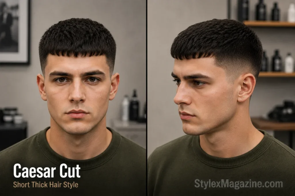 Caesar haircut with short fringe for men with thick straight hair