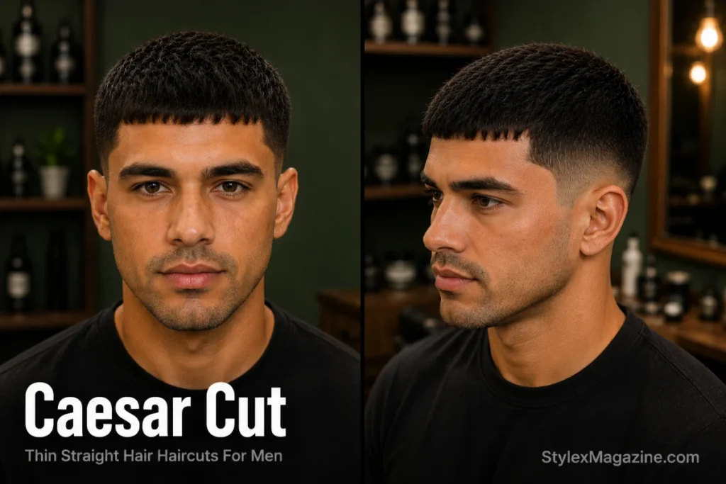 Man with thin straight hair wearing a Caesar cut with a short textured fringe and tapered fade in a premium modern barbershop
