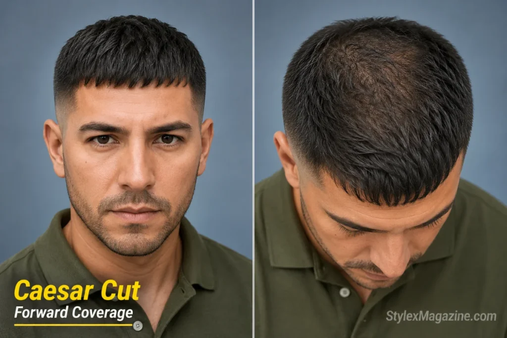 Caesar cut with forward blunt fringe on a man with thinning hair covering the forehead